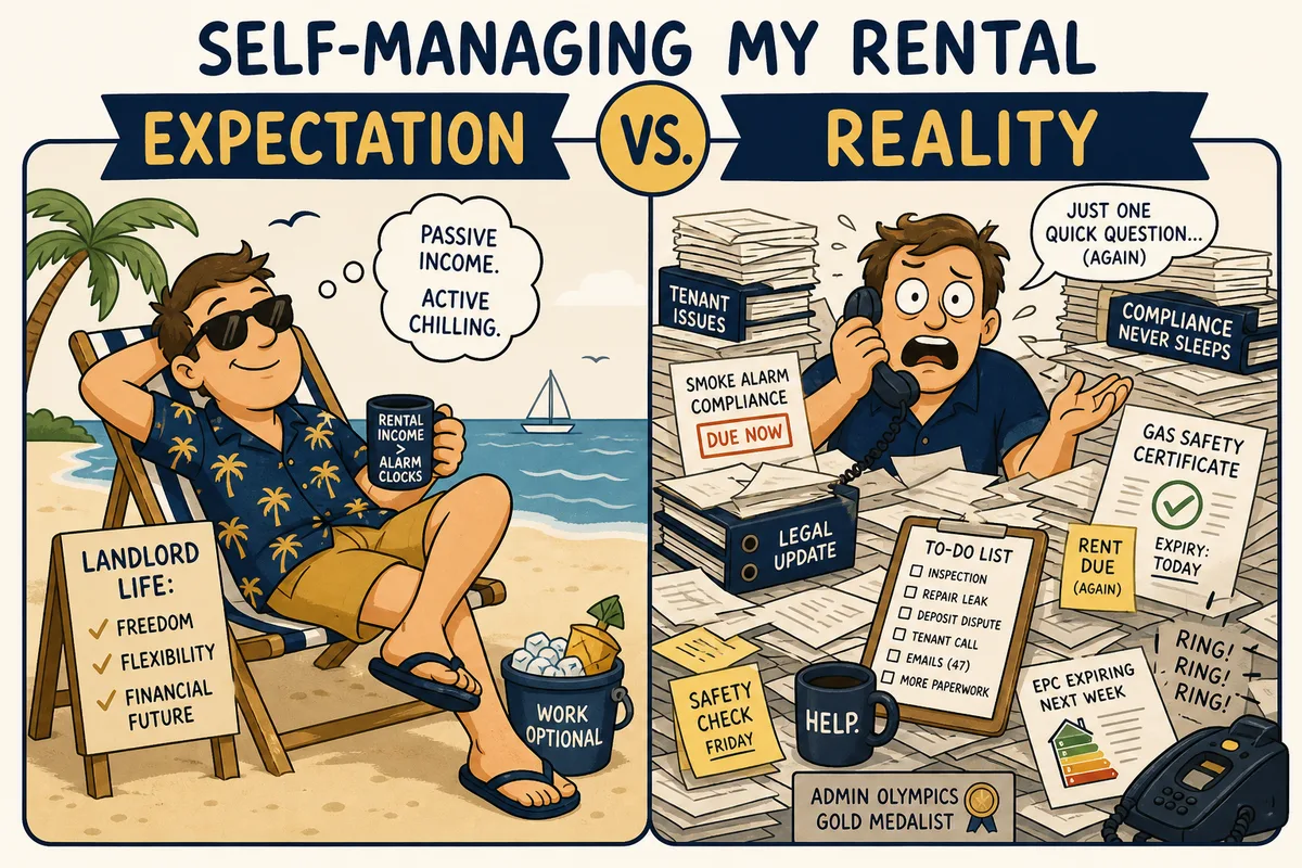 First-time landlord meme — relaxed expectation vs drowning in letting paperwork and admin