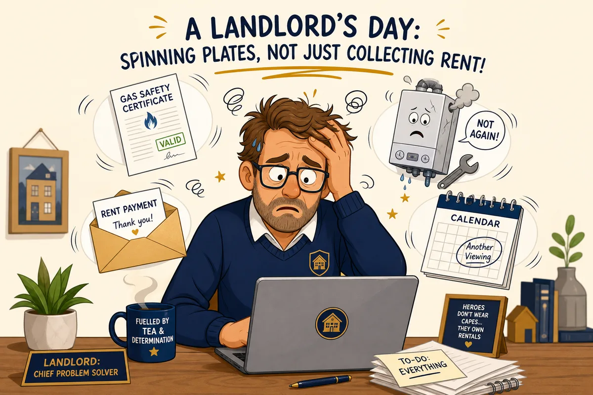 Stressed landlord surrounded by gas safety certificates, EICR reports, and compliance deadlines Stressed landlord surrounded by gas safety certificates, EICR reports, and compliance deadlines